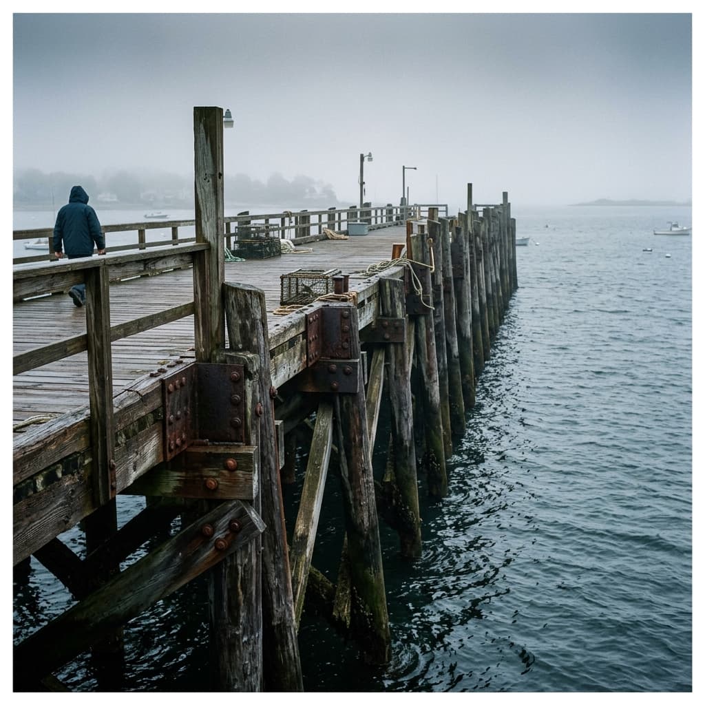 Weathered timber pilings rising from the water along the Quincy shoreline