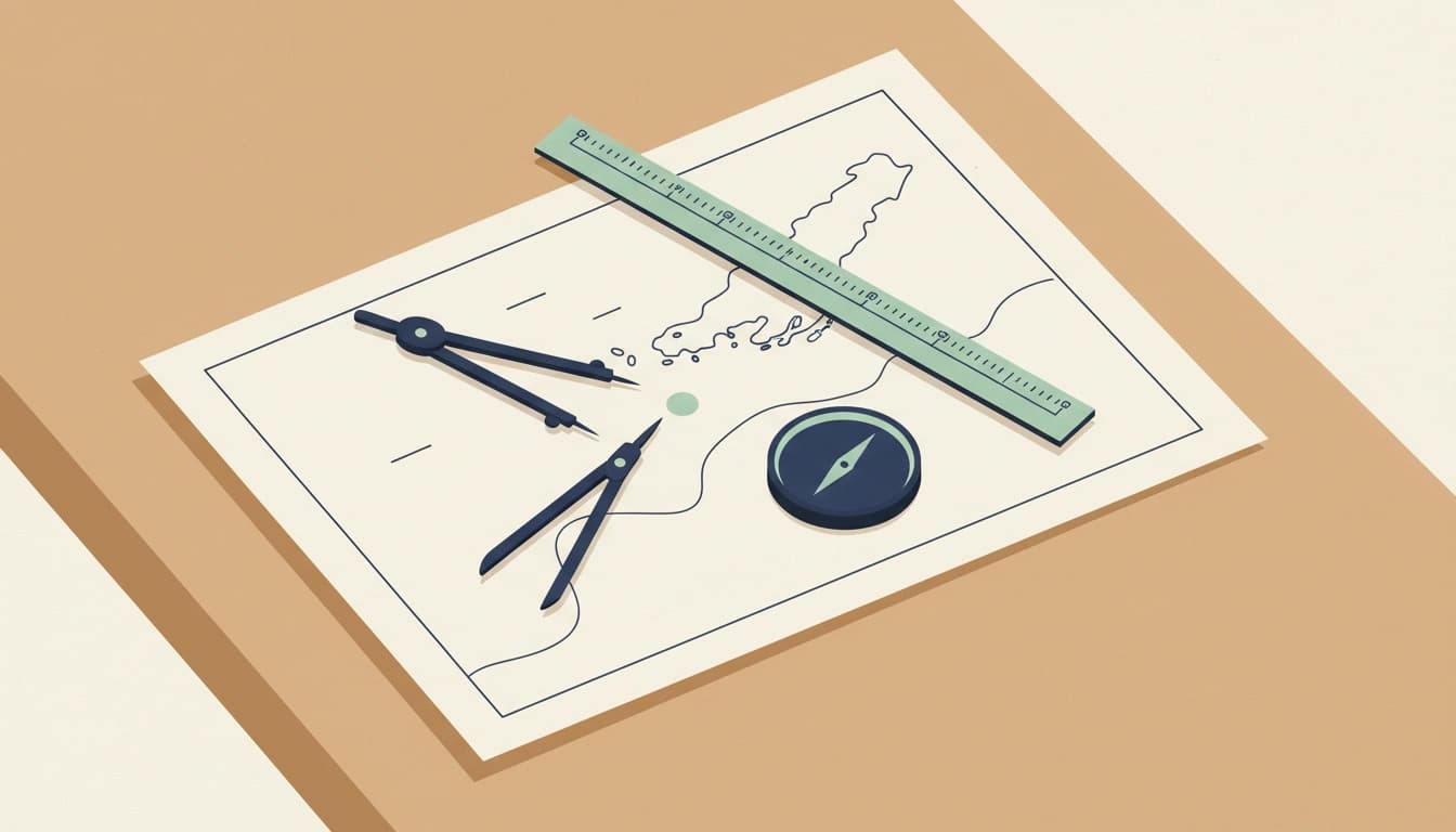 A flat illustration of a nautical chart on a table, with dividers, a parallel rule, and a compass all pointing at the same marked spot.