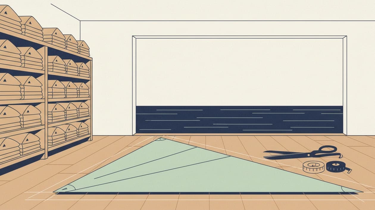 A flat illustration of a sail loft: shelves of identical folded stock sails on the left, and one sea-glass sail spread on the floor, cut to chalked lines beside shears and a tape.