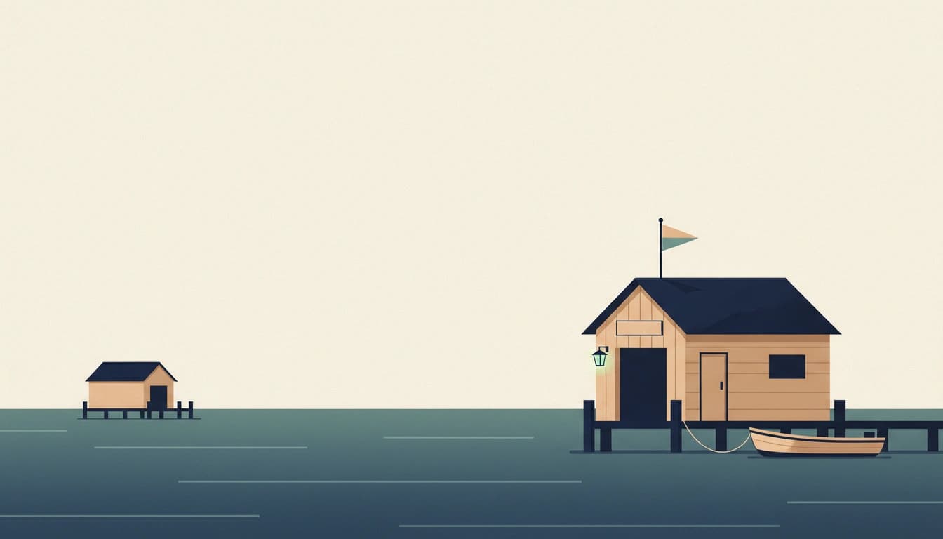A flat illustration of a small boathouse on pilings with a lit lantern, a flag, and a name board over the door, and a plain unmarked shed far along the shore.