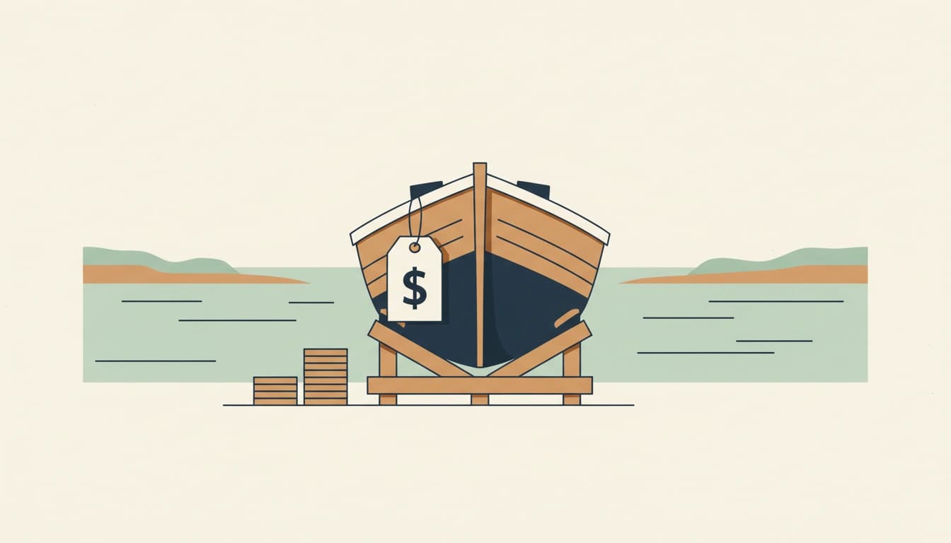 A flat illustration of a wooden boat on a timber cradle at the edge of a calm harbor, a large price tag marked with a dollar sign hanging from its bow and a stack of coins on the ground beside it.