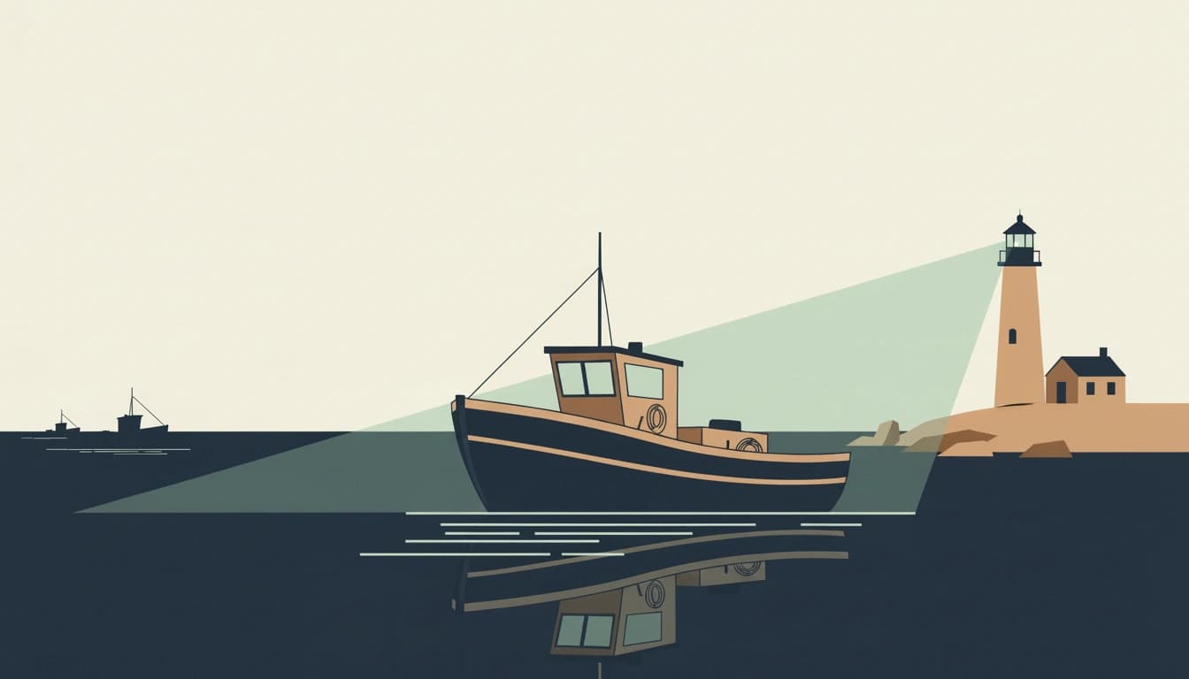 A flat illustration of one fishing boat lit by a lighthouse beam in the foreground, with two small unlit boats far off on the horizon.