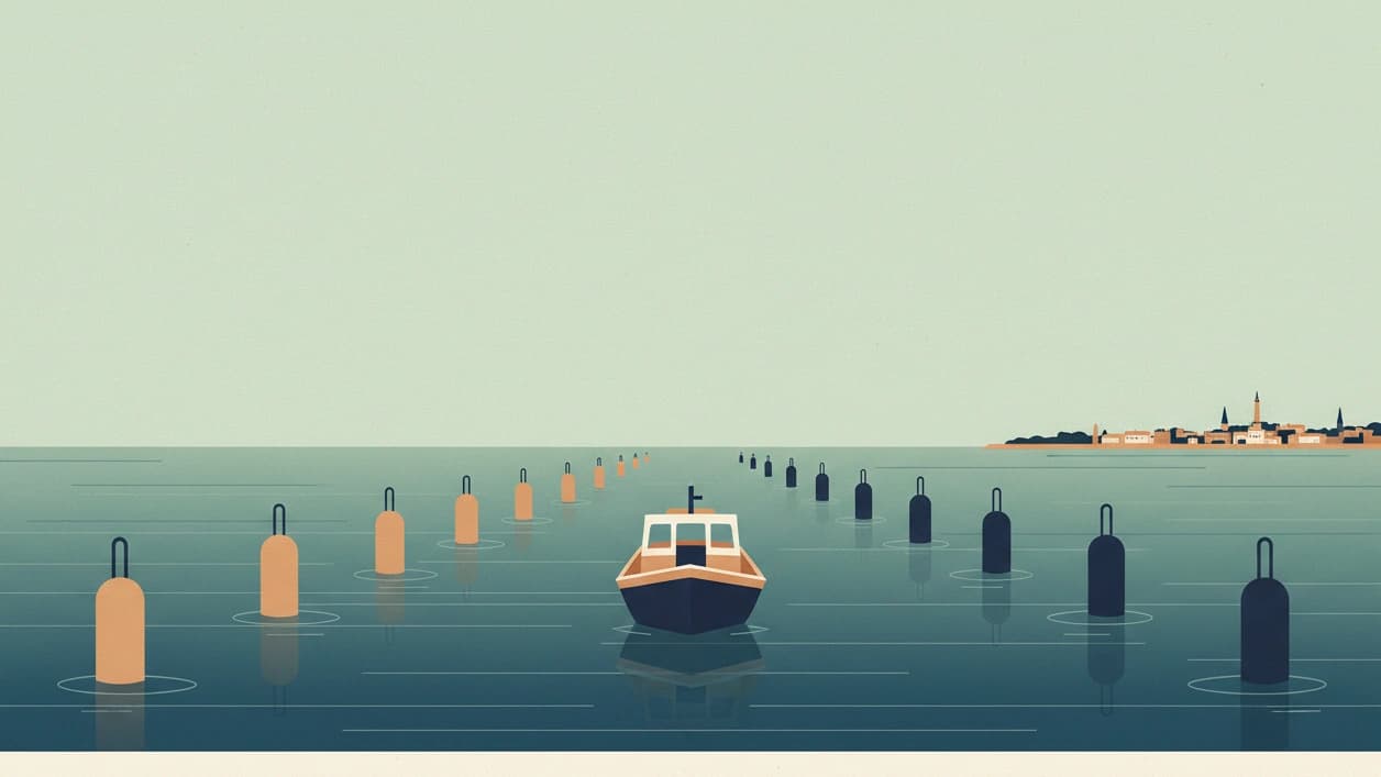A flat illustration of a small boat entering a harbor along a channel marked by two rows of buoys, with a low town on the horizon.