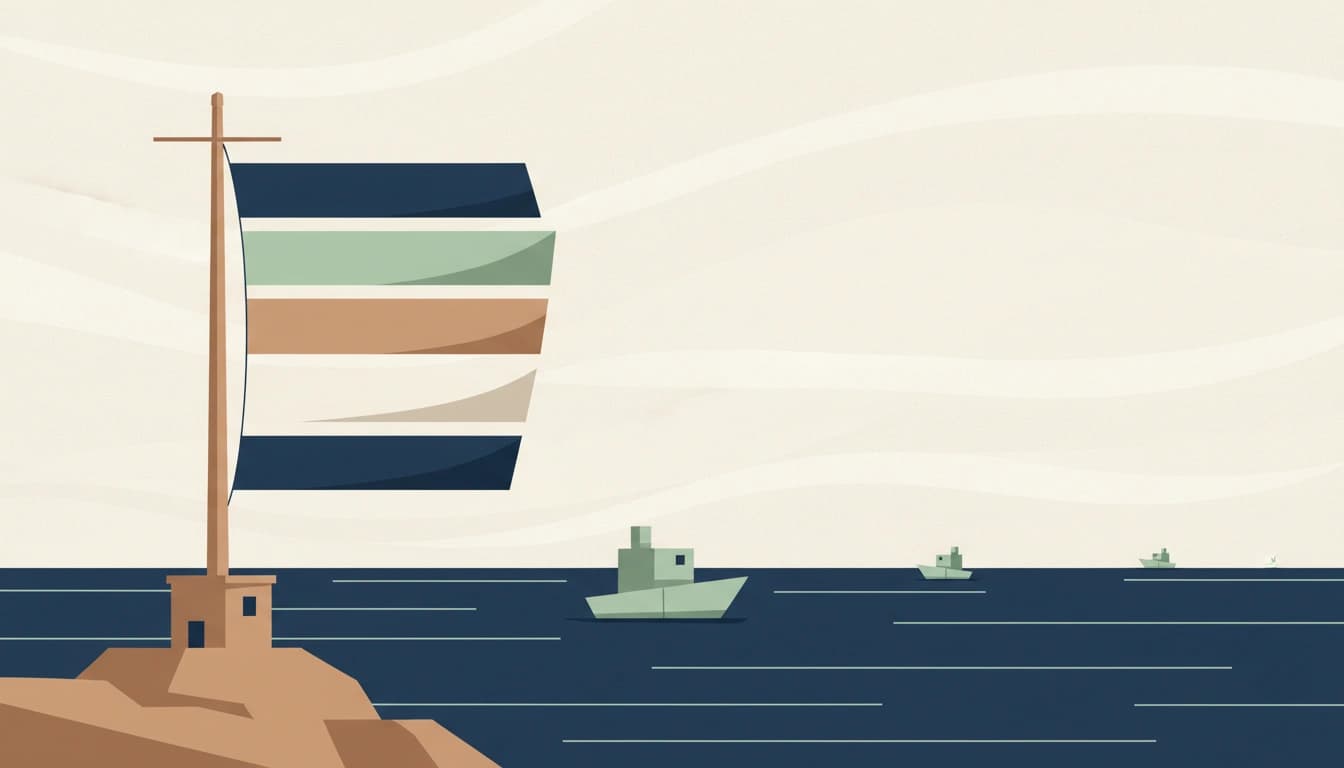 A flat illustration of a signal mast on a rocky point beside a small stone hut, flying five plain colored flags, with three boats at different distances on the water.