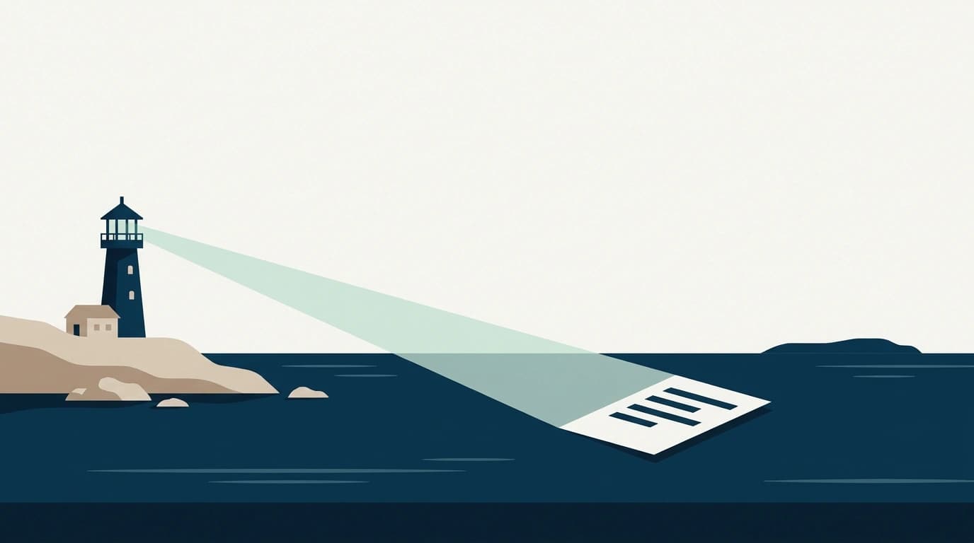 A flat illustration of a small lighthouse on a headland, its beam crossing calm water to light a single sheet of paper.
