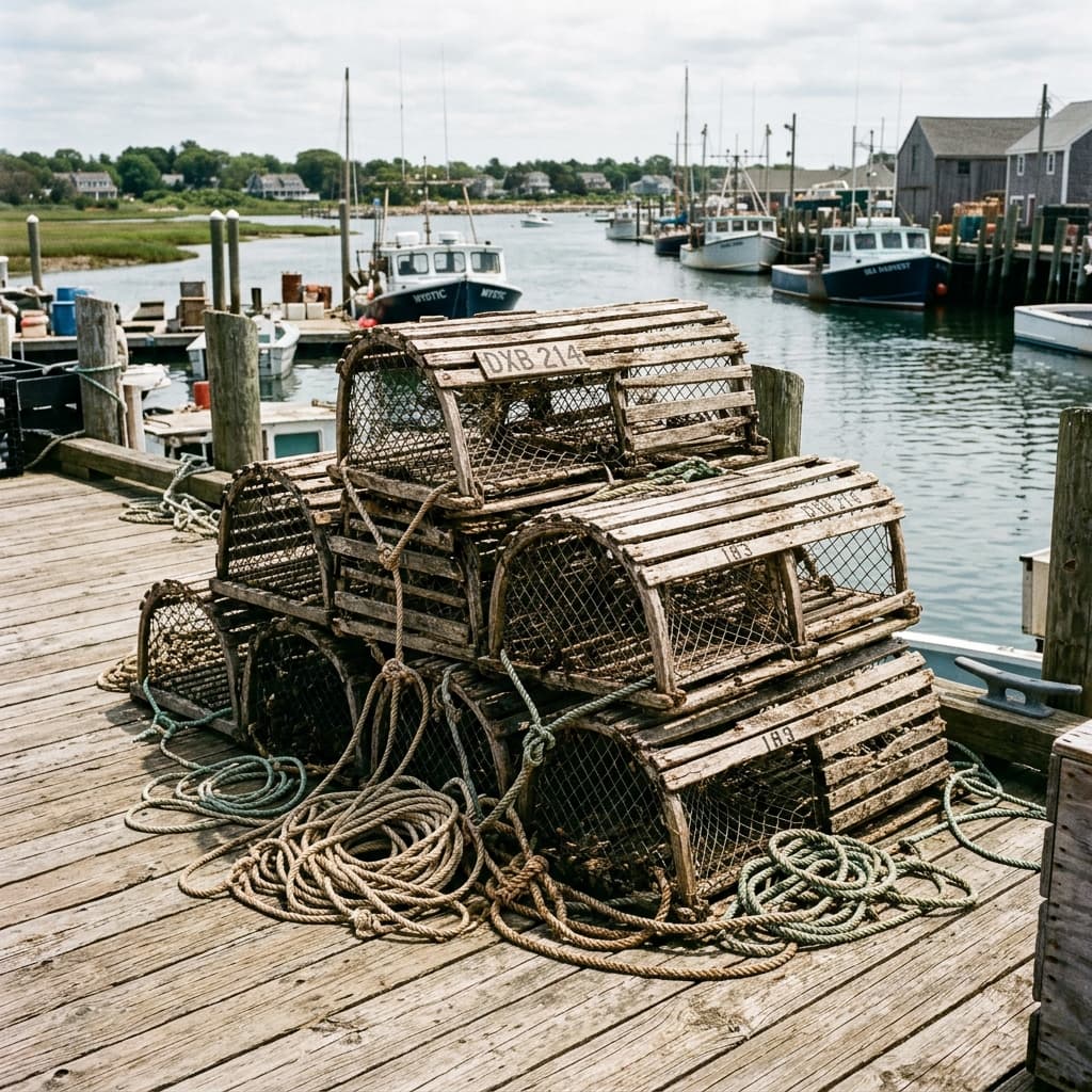 Stacked weathered wooden lobster traps on a sun-bleached coastal dock