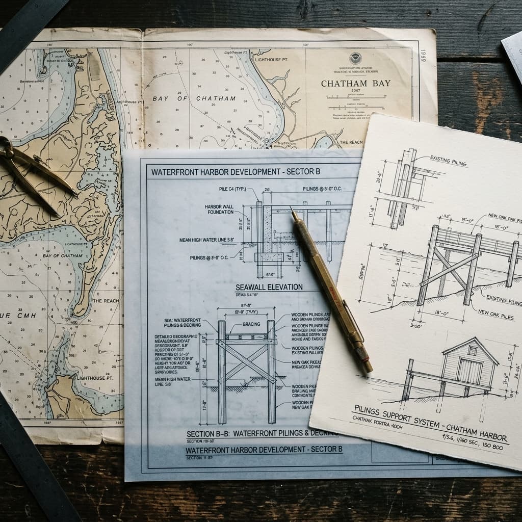 Weathered nautical chart overlaid with technical layout blueprints, a brass drafting pencil, and architectural sketches of waterfront pilings