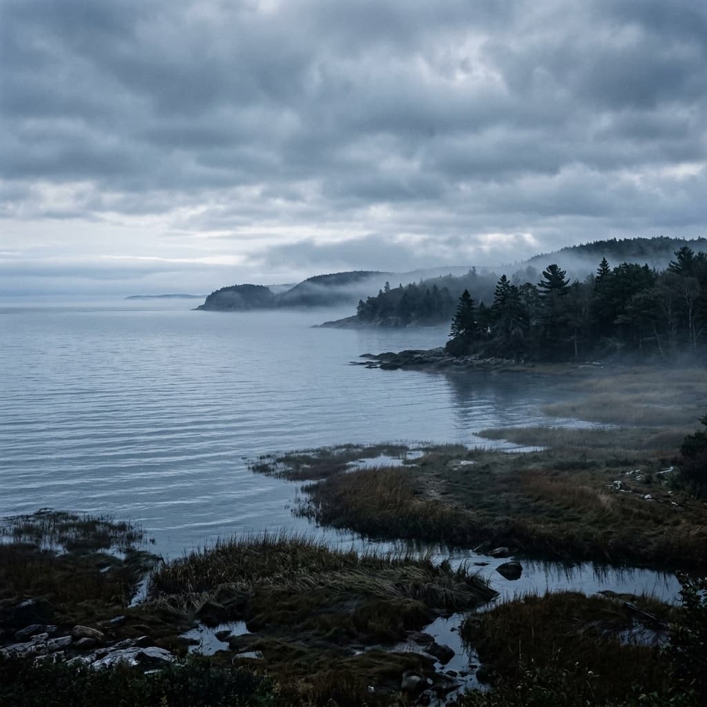 Moody New England coastal bay scenery at dawn with pine forests and salt marshes