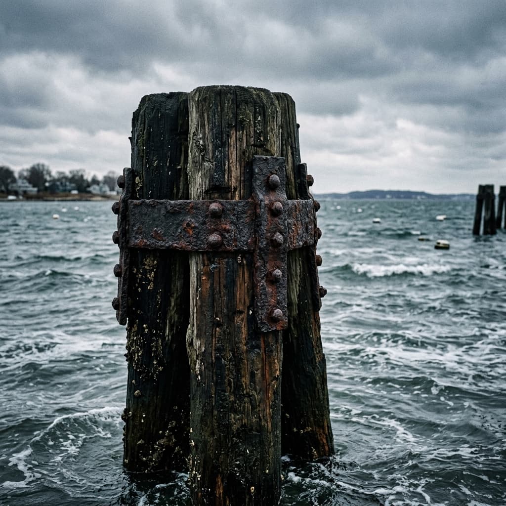 Weathered wooden pier piling reinforced with rusted iron rivets in Quincy Bay