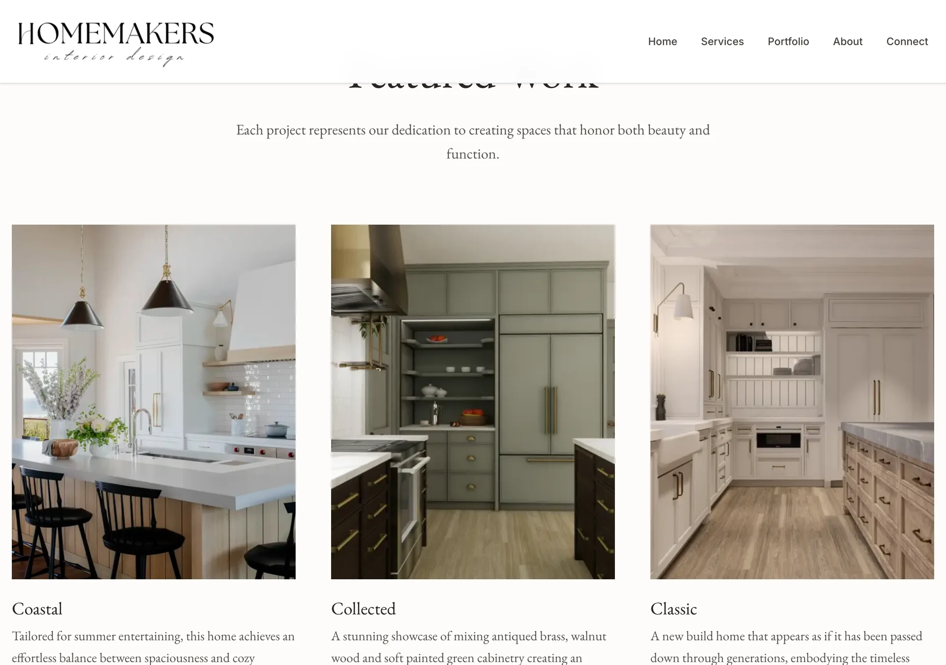 The Featured Work section of the portfolio: three kitchen photographs side by side, titled Coastal, Collected and Classic, each with a line of description.