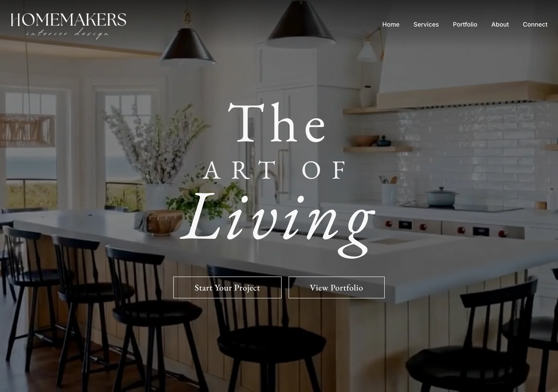 The Homemakers Interior Design homepage on a desktop: a full-screen kitchen photograph under the words The Art of Living.