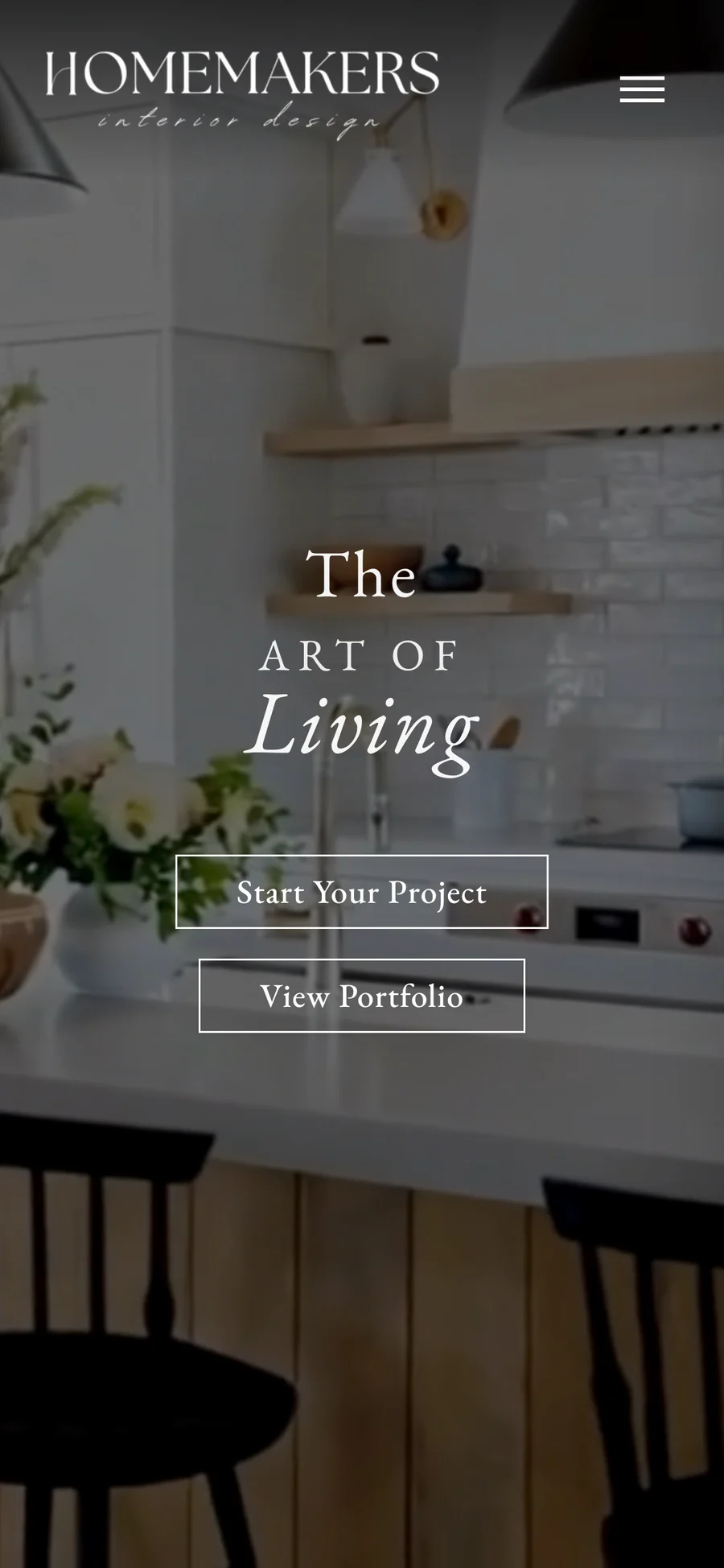 The Homemakers homepage on a phone, the kitchen photograph and the Start Your Project button.