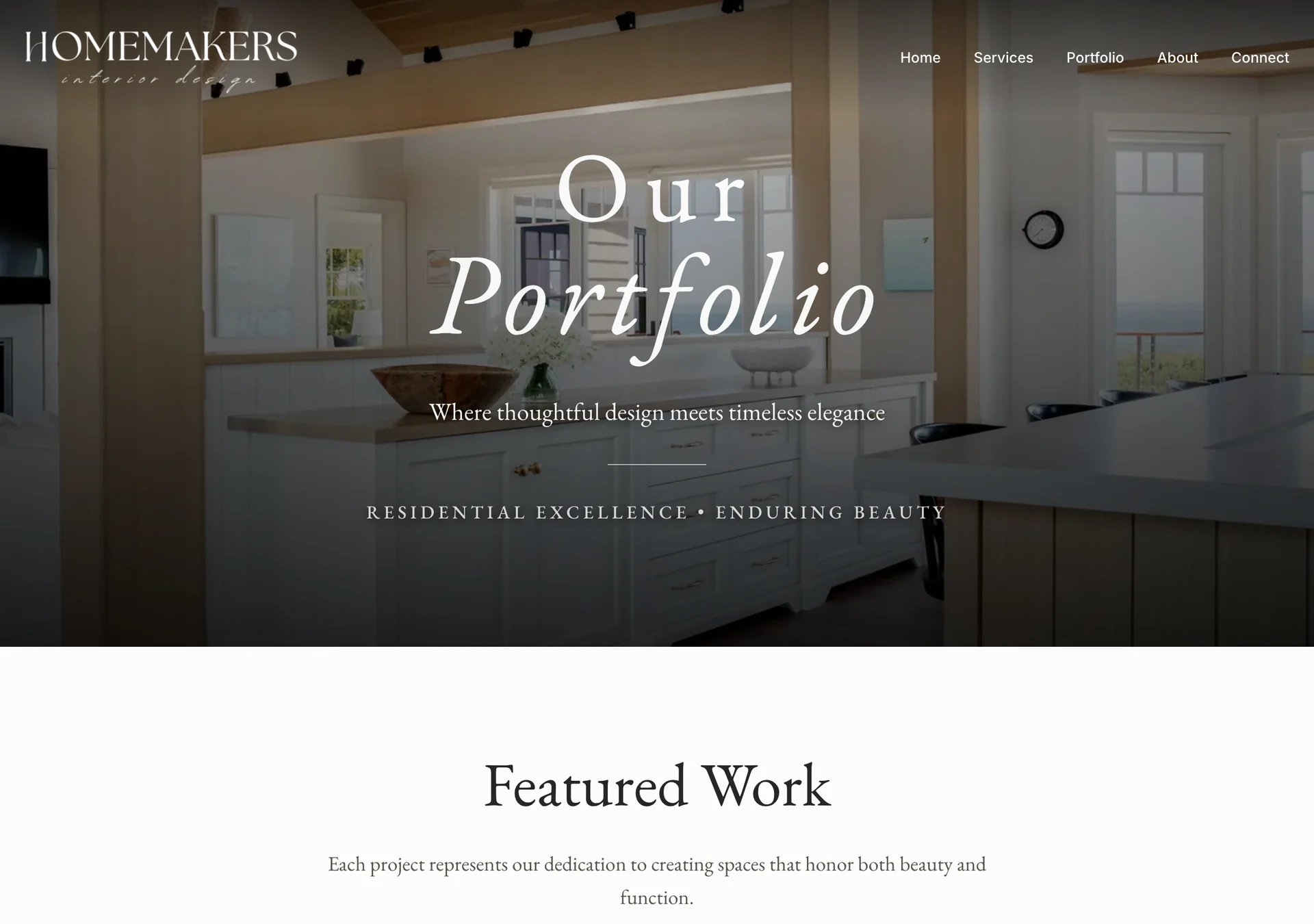 The Homemakers portfolio page: a full-width kitchen photograph under the words Our Portfolio and the line Where thoughtful design meets timeless elegance.