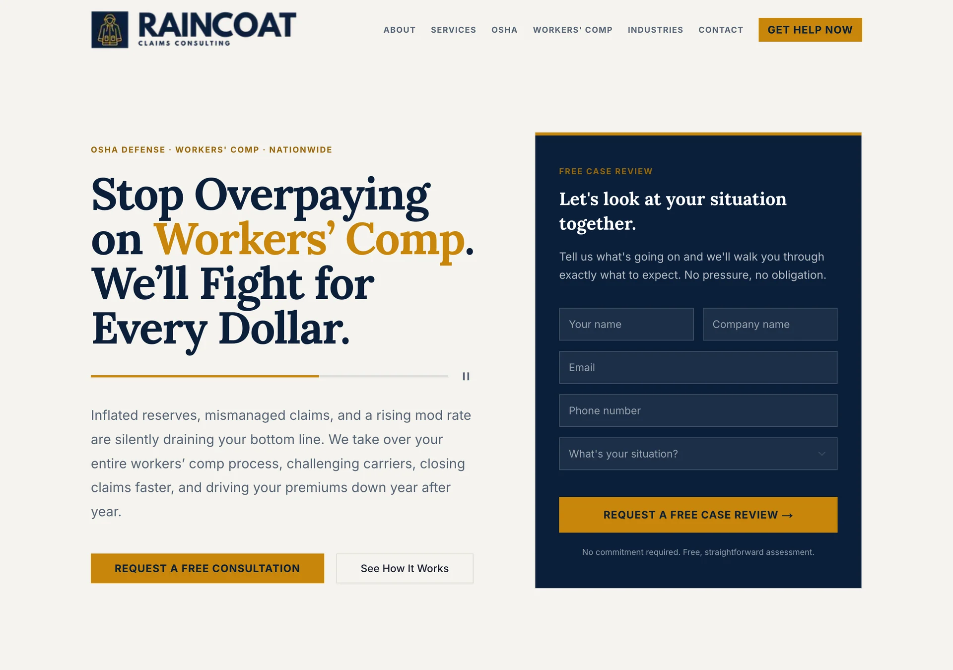 The Raincoat Claims Consulting homepage on a desktop: a serif headline about workers' compensation beside a navy free-case-review form.