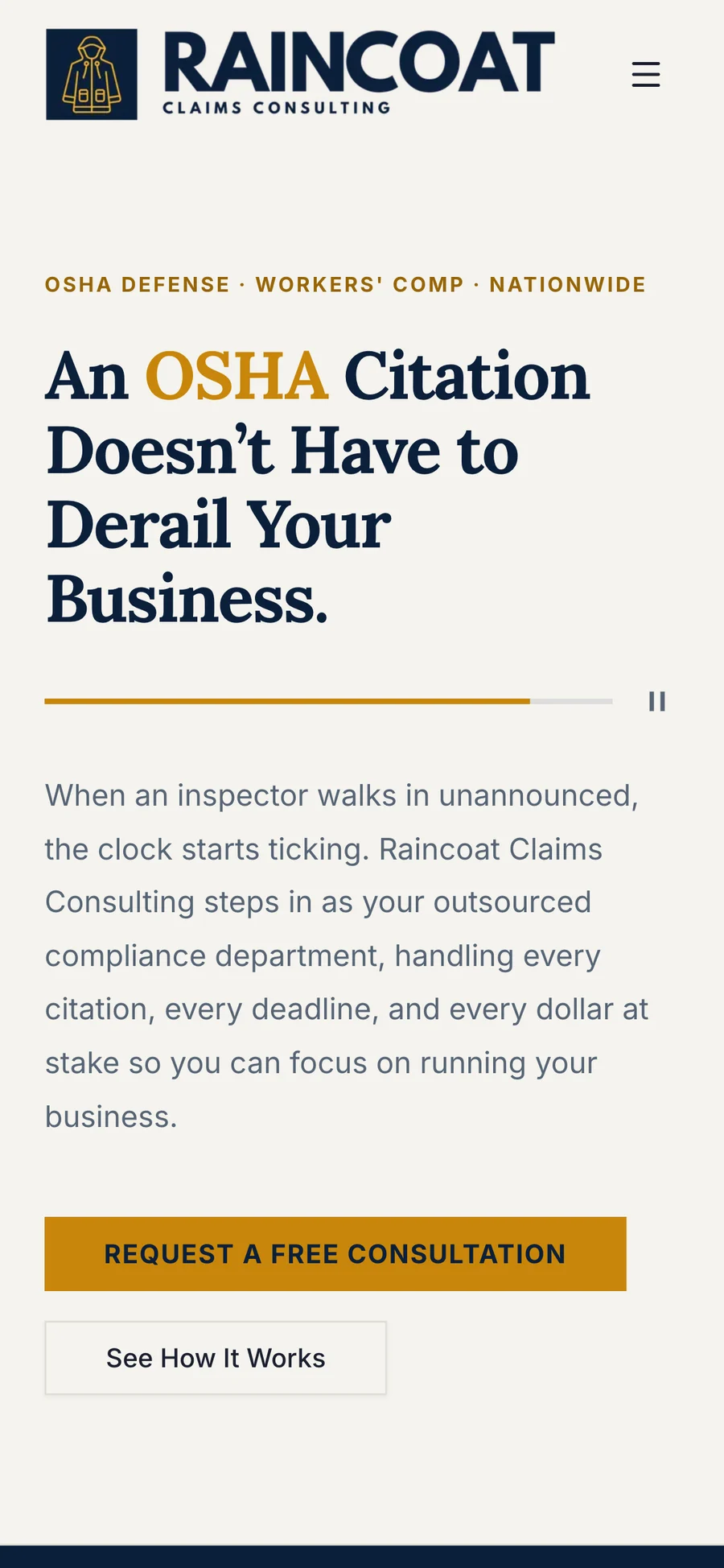 The Raincoat homepage on a phone, with the OSHA citation headline and the free consultation button.