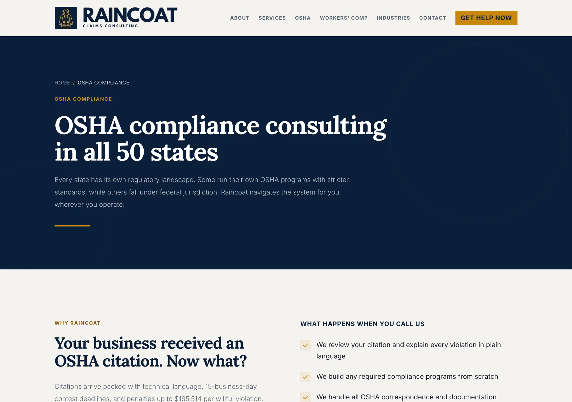 The OSHA Compliance hub page: a navy header reading OSHA compliance consulting in all 50 states, then a section on what happens when you call.