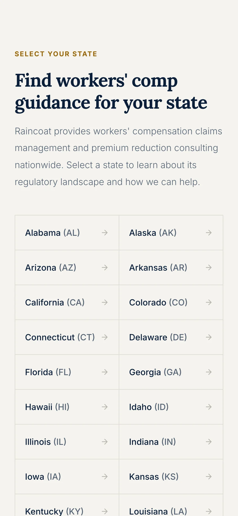 The fifty-state list on a phone, two states per row.
