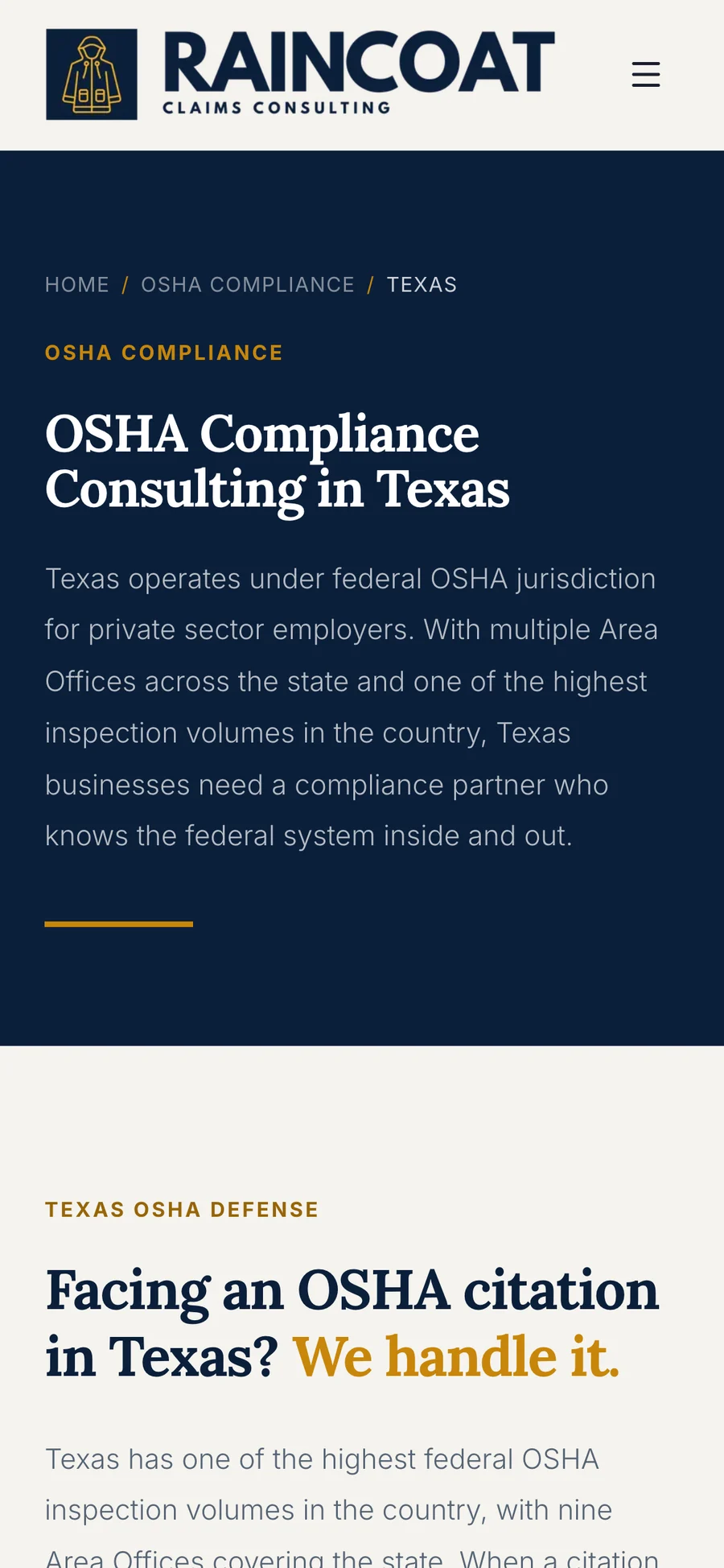 The Texas OSHA page header on a phone.