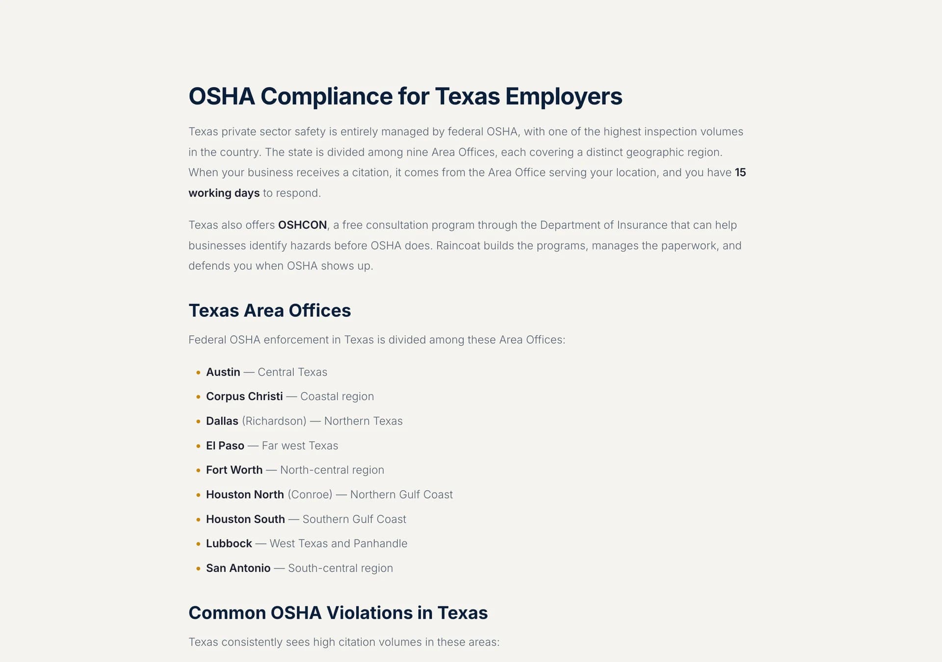 The Texas OSHA page's facts section: federal jurisdiction, 15 working days to respond, the OSHCON program, and the nine area offices from Austin to San Antonio.
